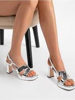 Roserwish Shiny Silver Block-Heel Slingback heels